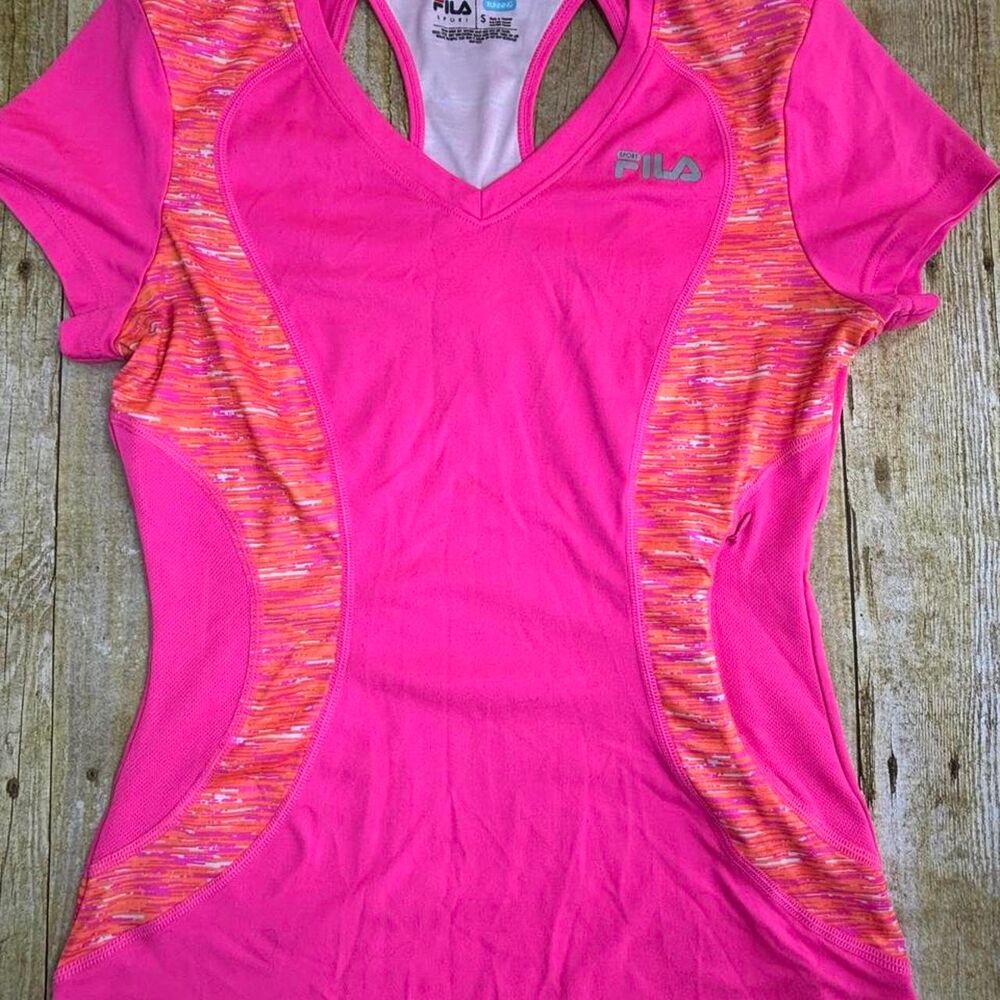 Fila Womens Athletic Running Sport Shirt Pink Orange Fitted Pocket